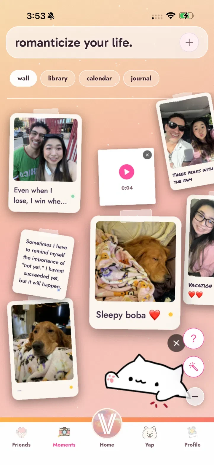 A Moments wall: polaroids taped up with handwritten captions, a note, a voice memo and a sticker.